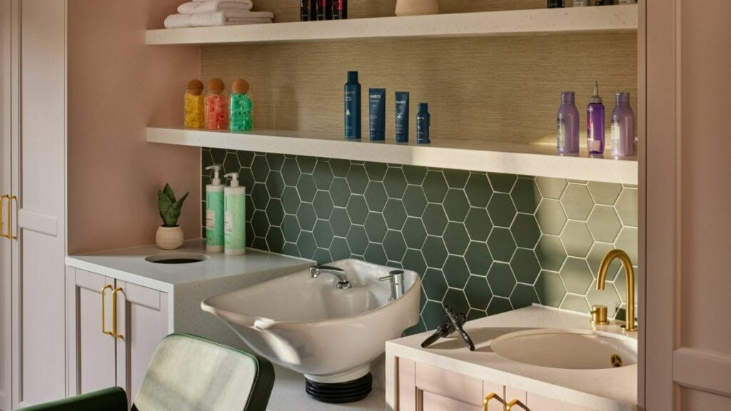 Modern bathroom with sink and shelves