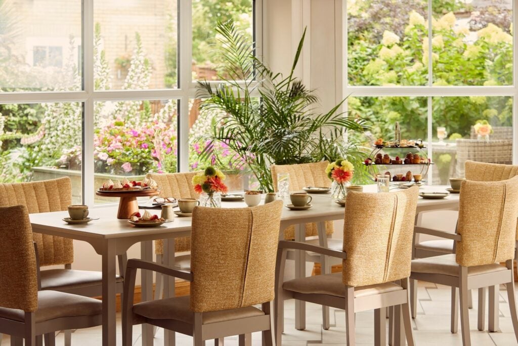 Elegant dining room with garden view.