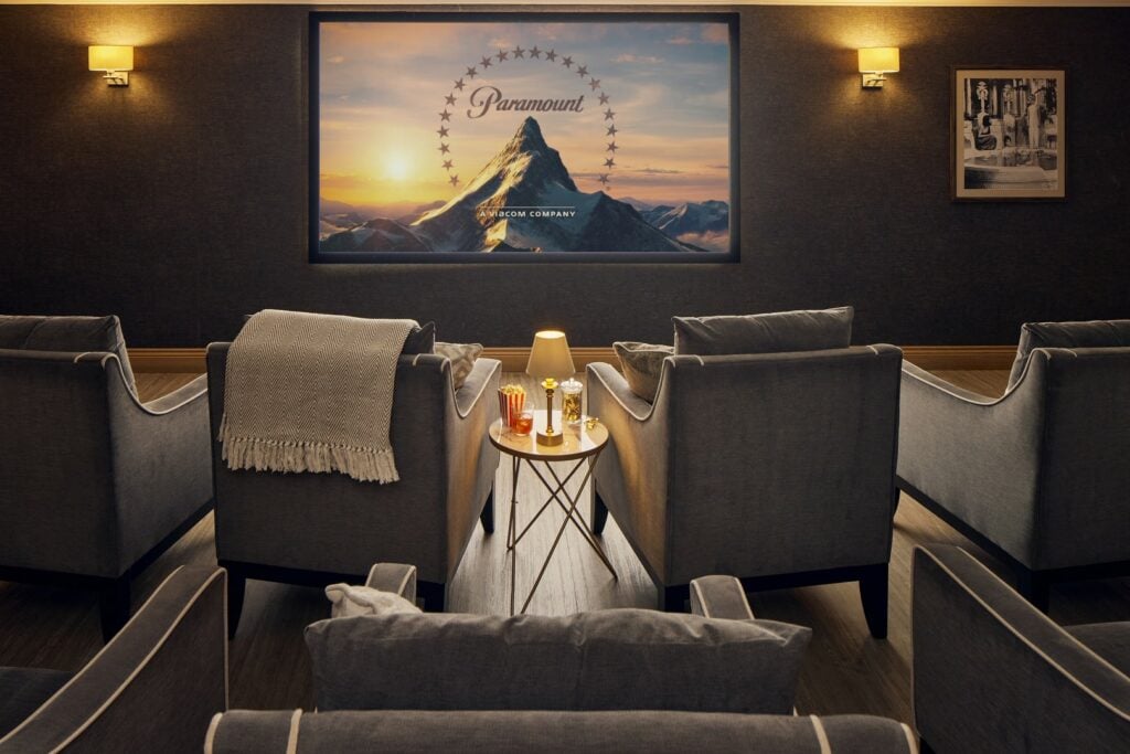 Private care home cinema room with Paramount movie playing.