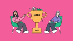Cartoon figures with trophy, 'lottie 2025' badge