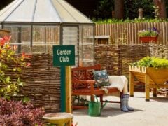 Outdoor garden club area with bench, plants, and greenhouse.