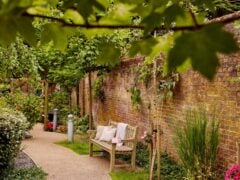 Peaceful garden with bench and brick wall
