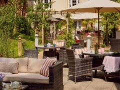 Garden with patio furniture and umbrellas.