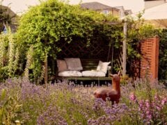 Garden pergola with bench and flowering plants.