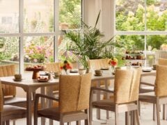 Elegant dining room with garden view.