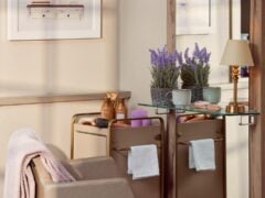 Hair salon station with products and lavender plants.