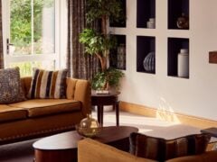 Cosy living room with sofa, cushions, and shelves