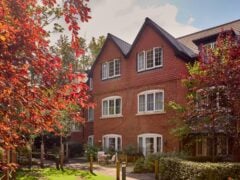 Charming brick house surrounded by trees.