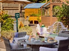 Garden seating area with coffee and cake.