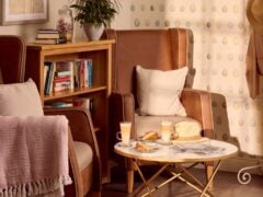 Cosy reading nook with drinks and pastries