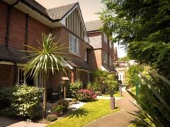 Brick houses with landscaped gardens in sunshine.