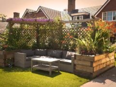Garden seating area with trellis, plants, and sofa.