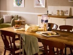 Rustic kitchen table set for home baking.