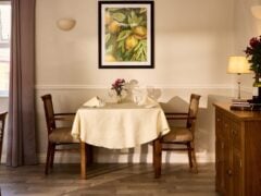 Elegant dining table set for two in restaurant