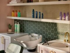 Modern bathroom with sink and shelves
