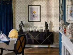 Elegantly decorated dining room with modern furnishings.